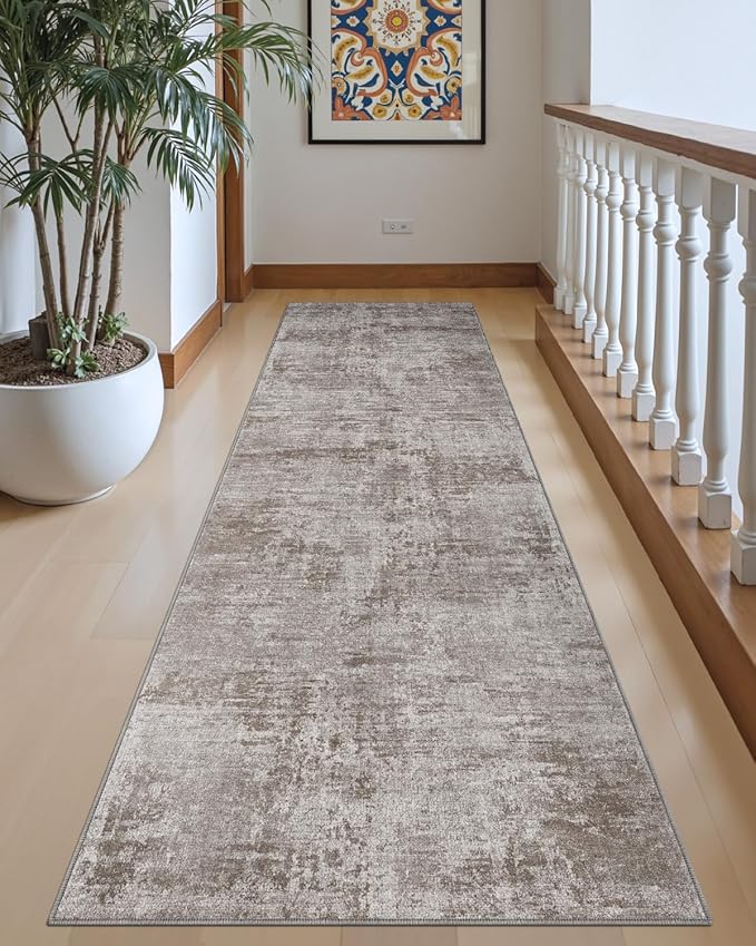 DEXI Hallway Runner Rug 3x10, Modern Abstract Non Slip Thin Soft Runners Carpet, Stain Resistant Washable Indoor Rug for Hallway Entryway Kitchen Laundry Room Living Room, Red Brown