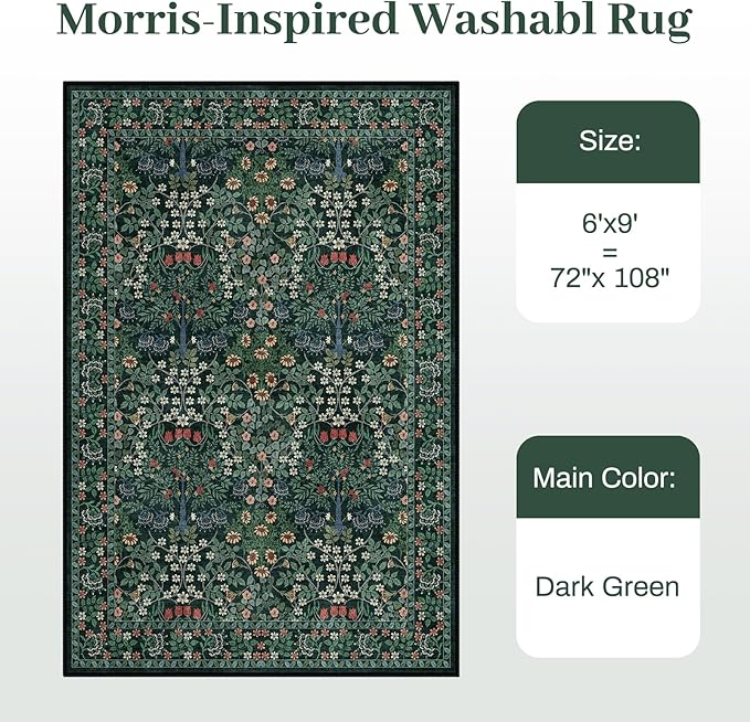 6x9 Area Rugs Living Room Rug - Floral Vintage Morris-Inspired Washable Carpet, Low Pile Non-Shedding Stain Resistance Boho Soft Carpet for Bedroom, Dining Room, Office, Farmhouse (6'x9' Dark Green)