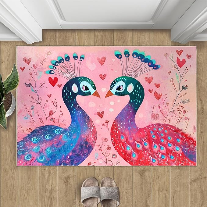 Cartoon Peacock Rug Small - 2x3 Rug, Colorful Peacock Washable Rugs for Living Room, Floral Botanical Carpet, Boho Non-Slip Area Rugs for Bedroom, Peafowl Carpet - Peafowl Home Decor & Gifts
