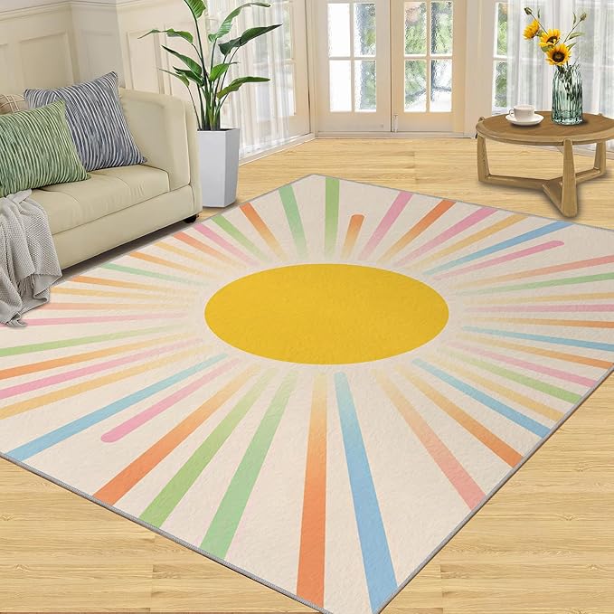 Boho Sun Area Rugs 6x8ft, Minimalist Sunburst Living Room Area Rug, Abstraction Deco Play Rug with Carpet Tape Double Sided for Bedroom Office Home Decor