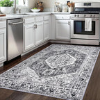 KOZYFLY Area Rug 4x6 Ft Washable Rugs for Entryway Non Slip Kitchen Mats for Floor Rugs for Living Room Printed Faux Wool Vintage Throw Rug for Entrance Bedroom Kitchen Living Room, Grey
