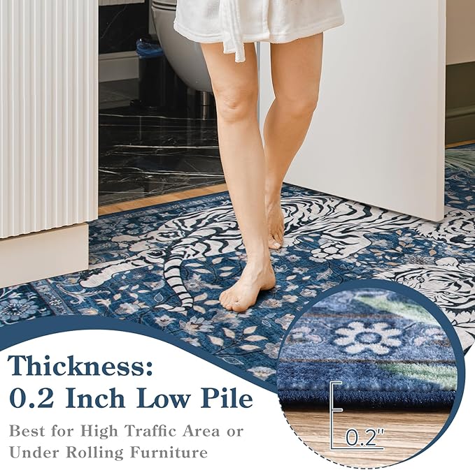 Moynesa Tiger Machine Washable Rug, 3x5 Entry Area Rug Non Slip Vintage Soft Rug for Living Room, Ultra Thin Boho Stain Resistant Kitchen Throw Mat for Entrance Bedside, Blue