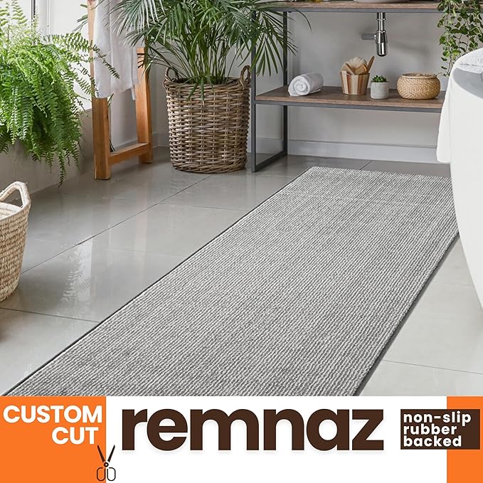 19ft Runner Rug by Custom Length - Striped Grey | Non-Slip Rubber Backed | Washable & Pet Friendly | No-Fray Edge Finished