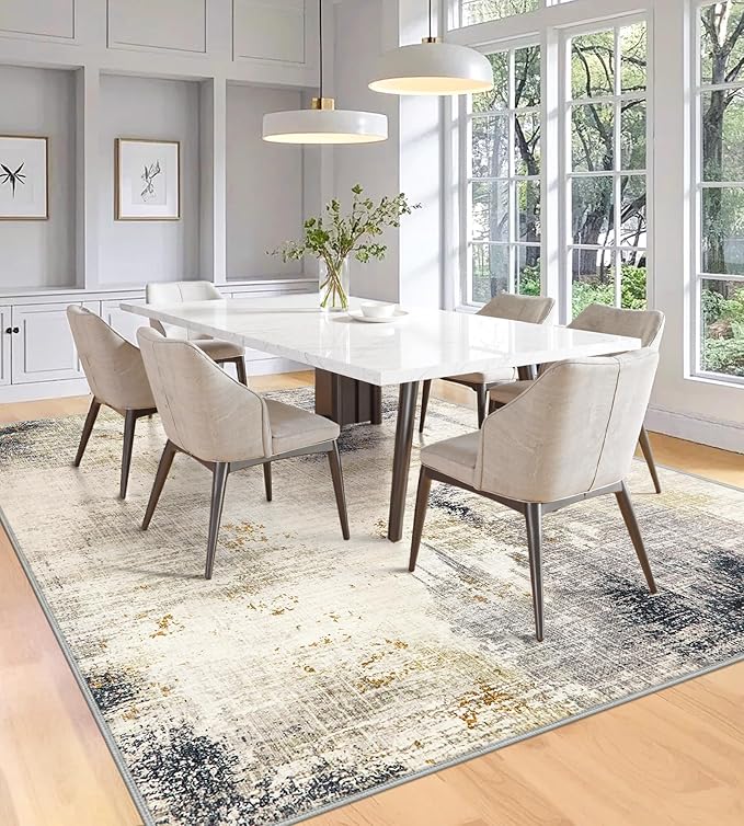7x9 Washable Area Rugs - Modern Abstract Rugs for Living Room Non-Slip Low Pile Soft Machine Washable Carpet for Bedroom, Dining Room, Nursery, Home Office, Farmhouse (7'x9' Beige Tan)