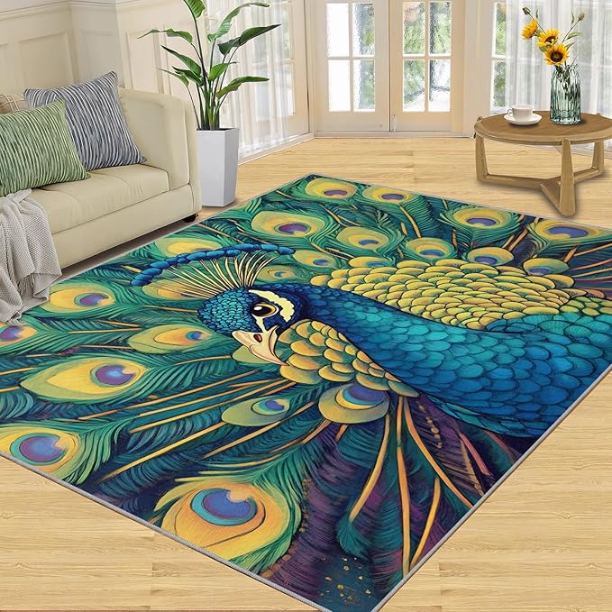 Peacock Rug 8x10-8x10 Rug, Wonderful Peacock Area Rugs for Bedroom, Teal Turquoise Rugs for Living Room, Modern Style Washable Mat, Malachite Green Feather Carpet - Peafowl Home Decor & Gifts