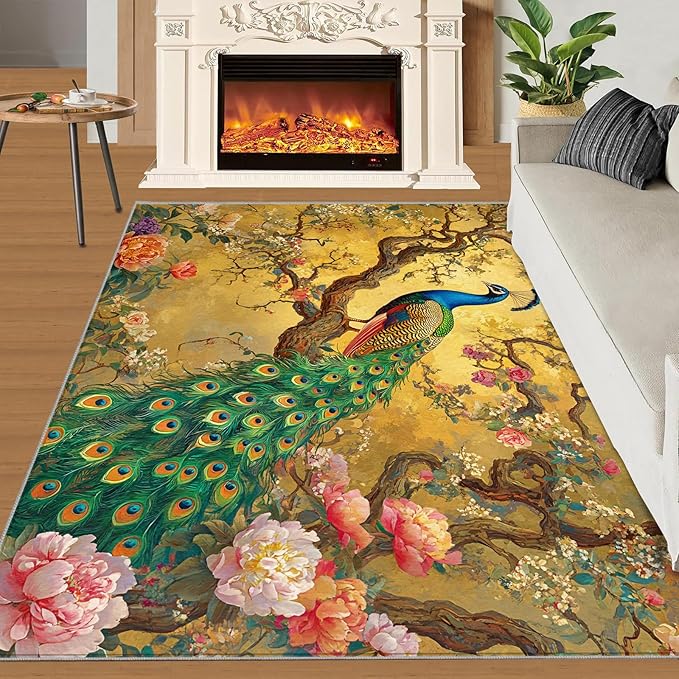 Peacock Peony Rugs for Bedroom - 3x4 Rug, Classic Peacock Peony Area Rugs for Living Room, Oriental Carpet, Floral Plant Washable Area Mat, Aesthetics Carpet - Peafowl Home Decor & Gifts