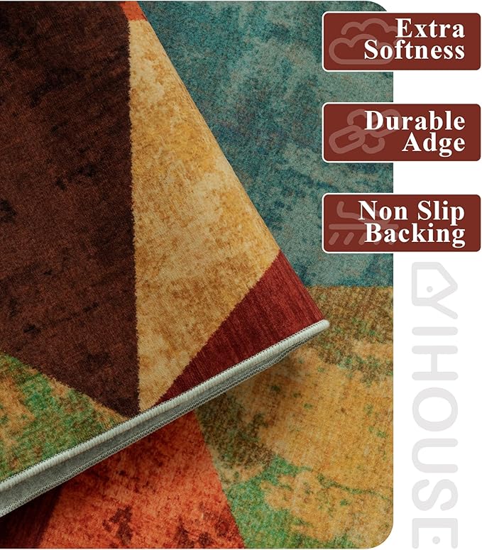 YIHOUSE Brown Area Rug 8x10,Geometric Burnt Orange Area Rug Non Slip,Farmhouse Rugs Washable,Vintage Burgundy Carpets for Bedroom, Boho Rug for Kitchen,Dining Room