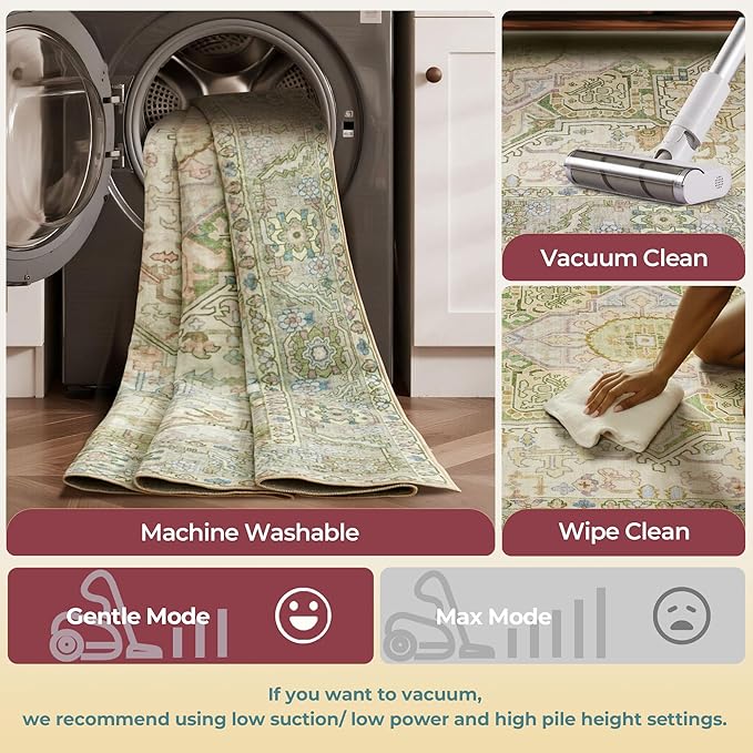 Kokia 9x12 Washable Sage Green Area Rugs with Vintage Orient Design, Soft Rug for Living Room or Bedroom, Non-Slip Low Pile Stain Resistance Features, Distressed Medallion Pattern