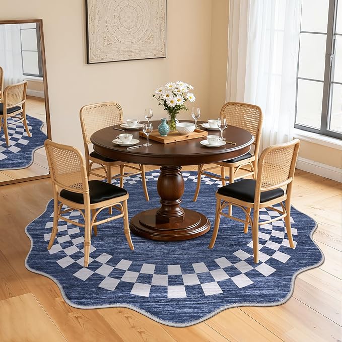 GarveeHome Scalloped Round Rug 4ft Modern Solid Color Circle Rugs Non Slip Low Pile Living Room Throw Carpat Washable Bedroom Scalloped Round Area Rug Stain Resistant Bordered Rug for Kitchen, Blue