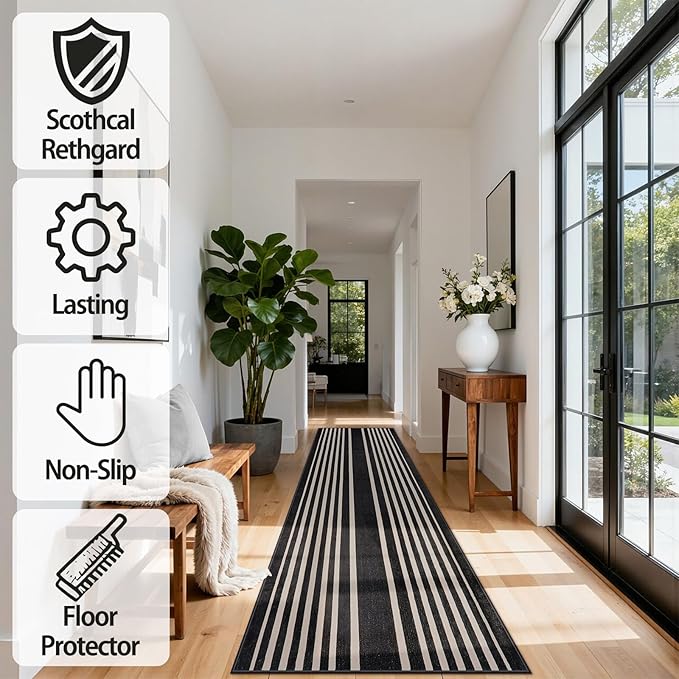 Beeiva Black and White Striped Runner Rug, 2.5x8 Washable Geometric Rugs for Hallway, Non Slip Rubber Backing Indoor Runner Rugs Modern Floor Carpet for Bedroom Bathroom Porch Entryway Rug