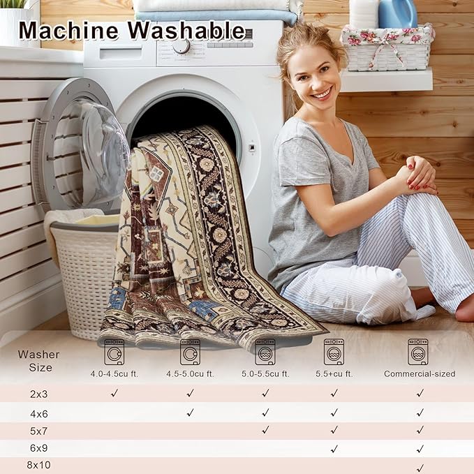 6x9 Mousse Brown Area Rug for Living Room, Machine Washable Rugs with Non-Slip Backing for Bedroom, Vintage Medallion Carpet Dining Room Office Kids Room Decor