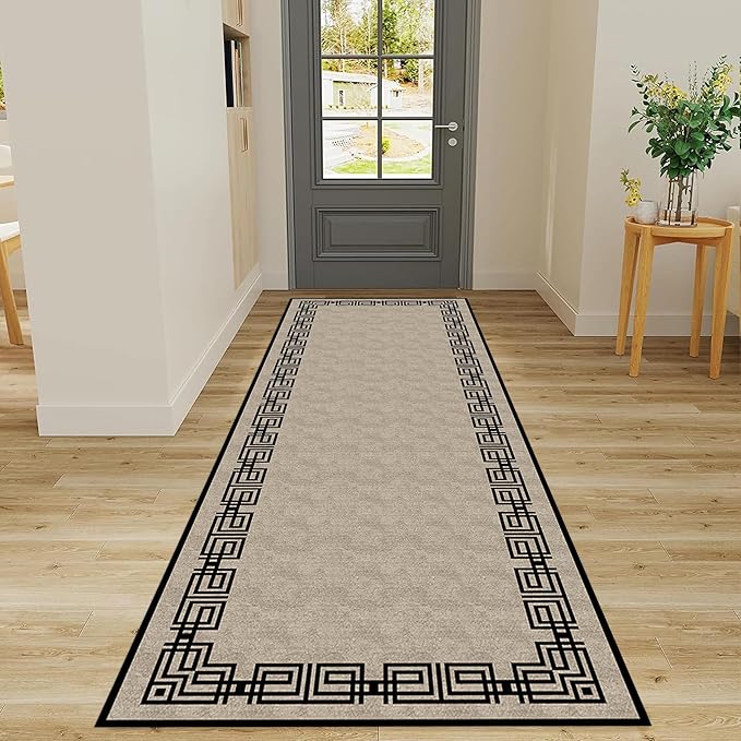 Vintage Tribal Hallway Rugs, 3.3x10ft, Southwest Brown Rustic Native Ethnic Greek Key Pattern Carpet Runners, Ultra-Thin Foldable Low Pile Distressed Rug for Dining Room Lounge