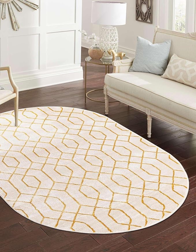 Unique Loom Marilyn Monroe Glam Collection Area Rug - Trellis (4' x 6' Oval, White Gold/ Gold)