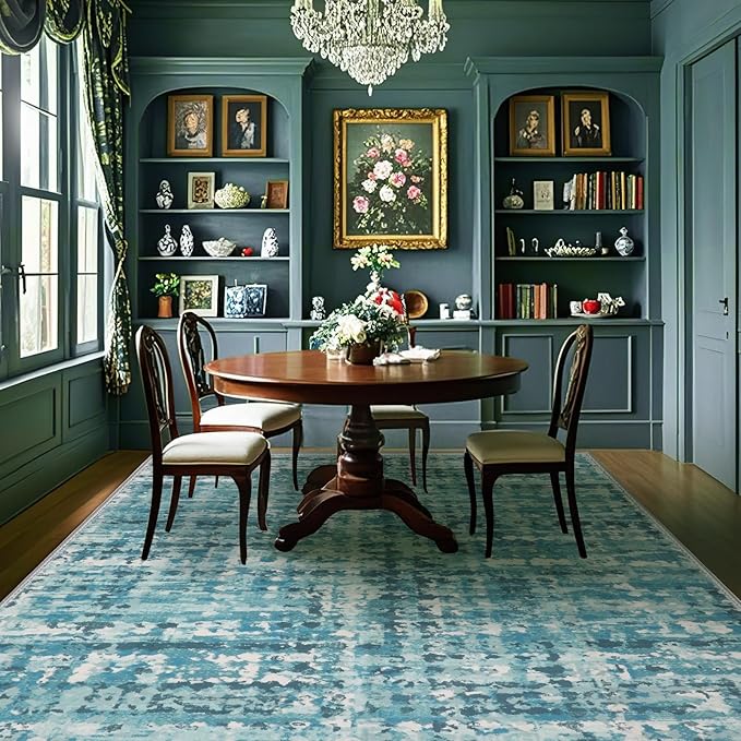 5x7 Abstract Area Rugs for Living Room, Modern Teal Blue Washable Indoor Rug for Bedroom, Thin Soft Large Non-Slip Carpet for Dining Room Home Office Farmhouse Decor