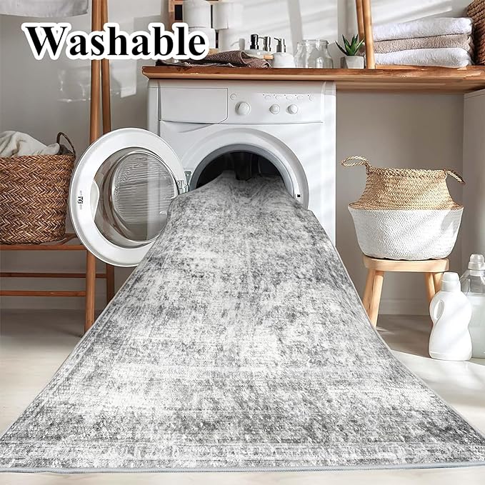 Area Rug 4x6 Washable Rug Gray Vintage Traditional Floor Cover Foldable Thin Retro Accent Indoor Distressed Non Slip Carpet Floral Print Mat Bedroom Living Room Bathroom