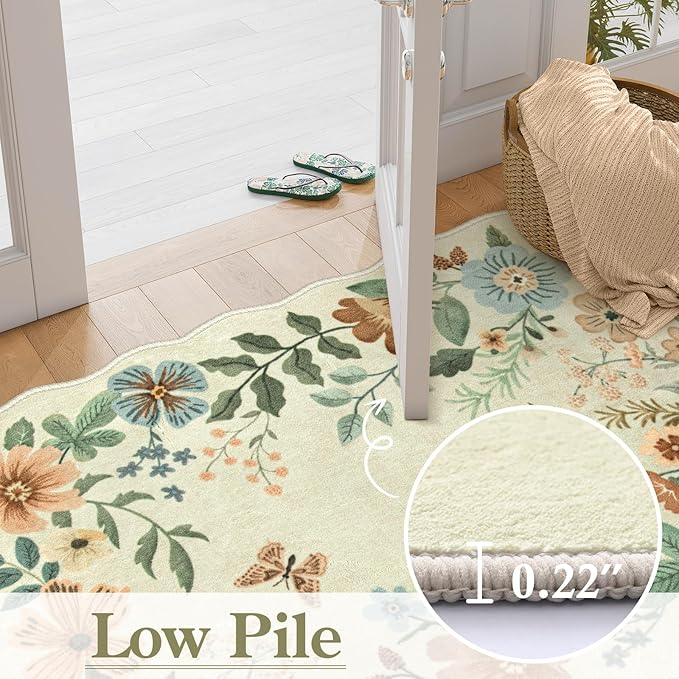 Lahome Floral Washable 6x9 Area Rugs, Soft Bedroom Rug for Living Room Ultra-Thin Non Slip Dining Room Rug, Stain Resistant Boho Rugs Easy Clean Throw Carpet for Office(6'x9',Beige)