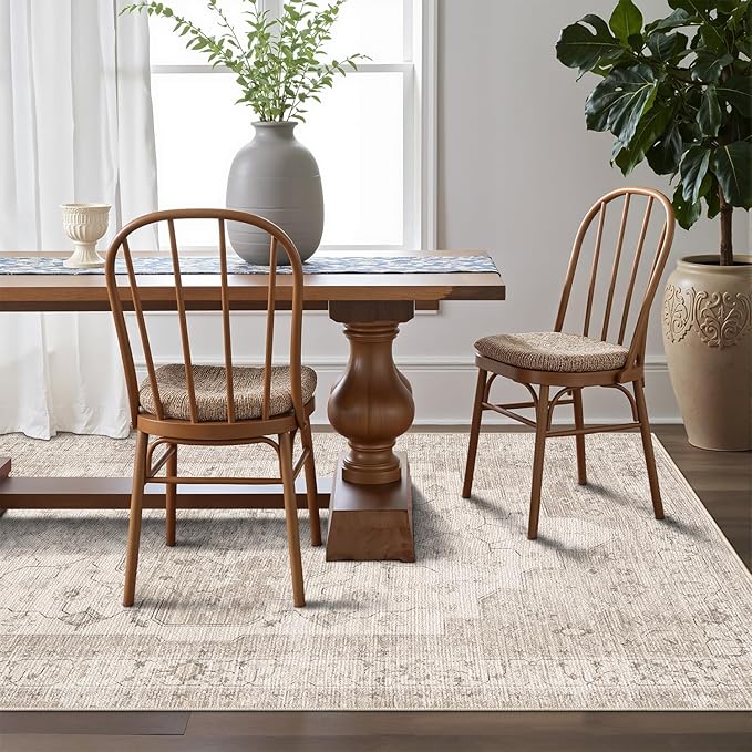 LUMI Washable 5x8 Area Rug for Living Room, Ultra Soft Vintage Rug with TPE Non Slip Backing, Stain Resistant, Low Profile Carpet High Traffic for Bedroom, Dining Room