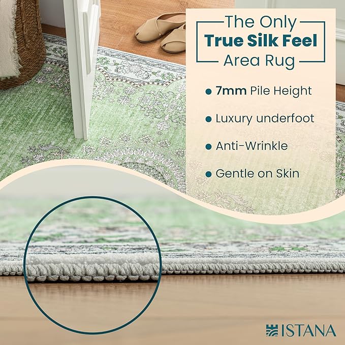 Istana Hallway Runner Rug 2.5x8 - Green Kitchen Rugs Non Slip Washable -Silk's Soft Touch Carpet Runner - Stylish Rugs for Home