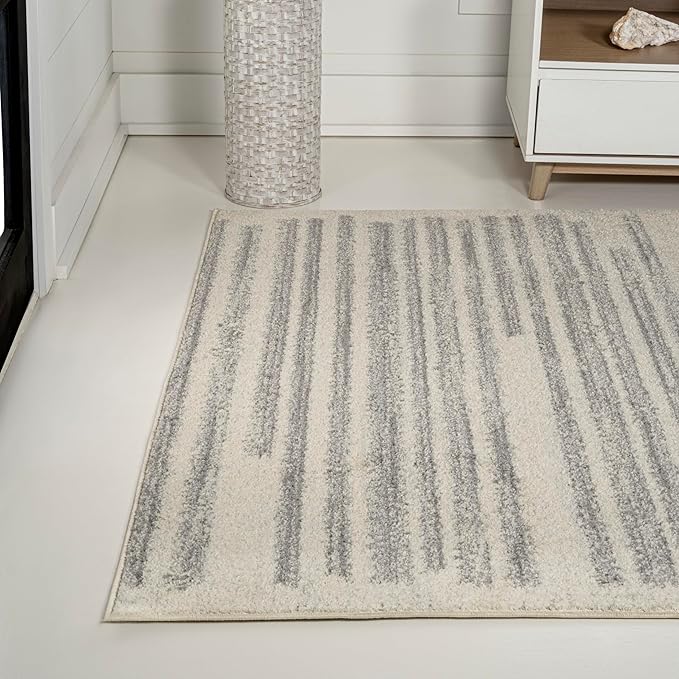 JONATHAN Y Khalil Modern Berber Stripe Cream/Gray Indoor Area Rug, 4x6, Contemporary, Bohemian, Easy-Cleaning for Living Room, Bedroom, Kitchen, Pet Friendly, Non-Shedding (MOH207C-4)