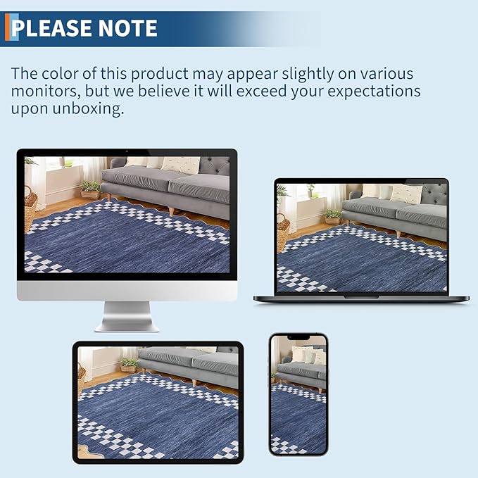 GarveeHome 4x6 Area Rug Small Washable Living Room Rug Scalloped Rug with Rubber Backing Stain Resistant Low Pile Dining Room Throw Carpet Modern Bordered Mat for Bedroom Kitchen, Blue