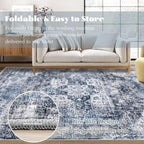 Area Rug 6x9 Washable Rug, Vintage Boho Medallion Rugs Non-Slip Soft Low Pile Large Distressed Rug Indoor Retro Carpet for Living Room Bedroom Dining Room Home Office (Blue, 6'x9')