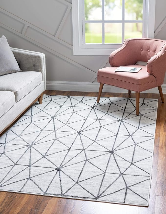 Rugs.com Lattice Trellis Collection Rug – 7' x 10' White Low-Pile Rug Perfect for Living Rooms, Large Dining Rooms, Open Floorplans