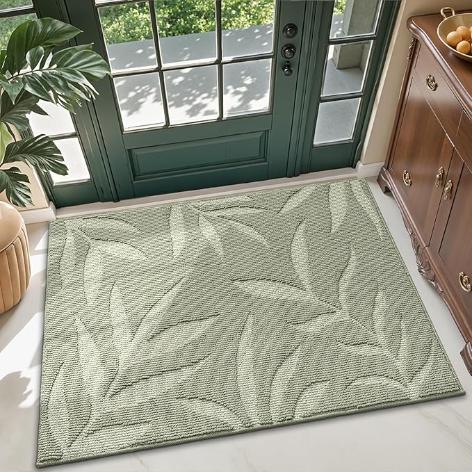 LUMI Front Door Mat Indoor Entrance 48"x72", Low Profile Welcome Mat, Non-Slip Washable Doormat with Rubber Backing for Entrance, Patio, Garage, Green