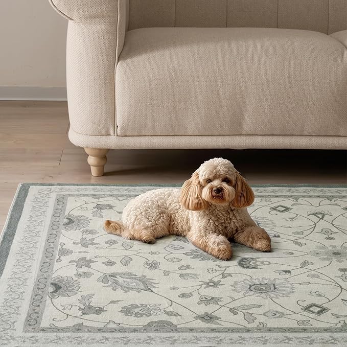 EVERGRACE Hallyway Area Runner Rugs 2x10, Boho Floral Faux Wool Indoor Outdoor Rugs, Washable Rugs for Bedroom Dining Room Living Room Kitchen, Low Pile Floor Mat Carpet for Home Decor, Cool Gray