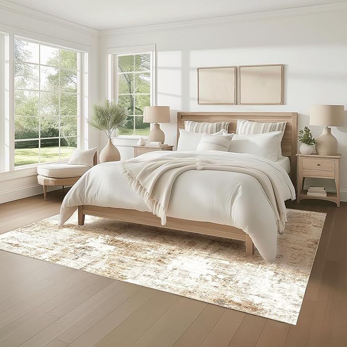 Fmfunctex 8x10 Washable Abstract Area Rug Brown Grey Neutral Modern Large Non Slip Carpet for Living Room Bedroom Soft Low Pile Indoor Mat Accent Throw Rug for Dining Kitchen Office Nursery, Grey Gold