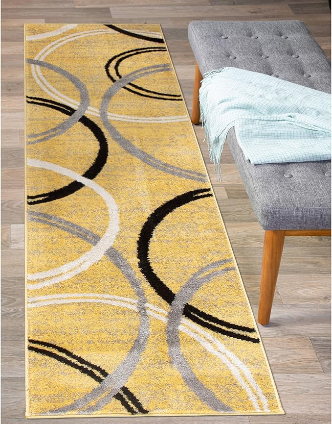 Rugshop Wavy Circles Design Runner Rug, Fade-Resistant Carpet for Hallway, Entryway, or Kitchen, Yellow, 2' x 7'2"