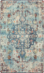 Lahome Bohemian Floral Medallion Area Rug - 3x5 Vintage Teal Distressed Entry Throw Rug Turkish Faux Wool Accent Rug Non-Slip Washable Low-Pile Carpet for Bathroom Entrance Living Bedroom