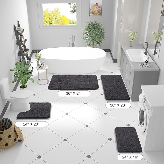 OLANLY Bathroom Rugs 59x20, Extra Soft Absorbent Chenille Bath Rugs, Rubber Backing Quick Dry, Machine Washable Bath Mats for Bathroom Floor, Tub and Shower, Home Decor Accessories, Dark Grey