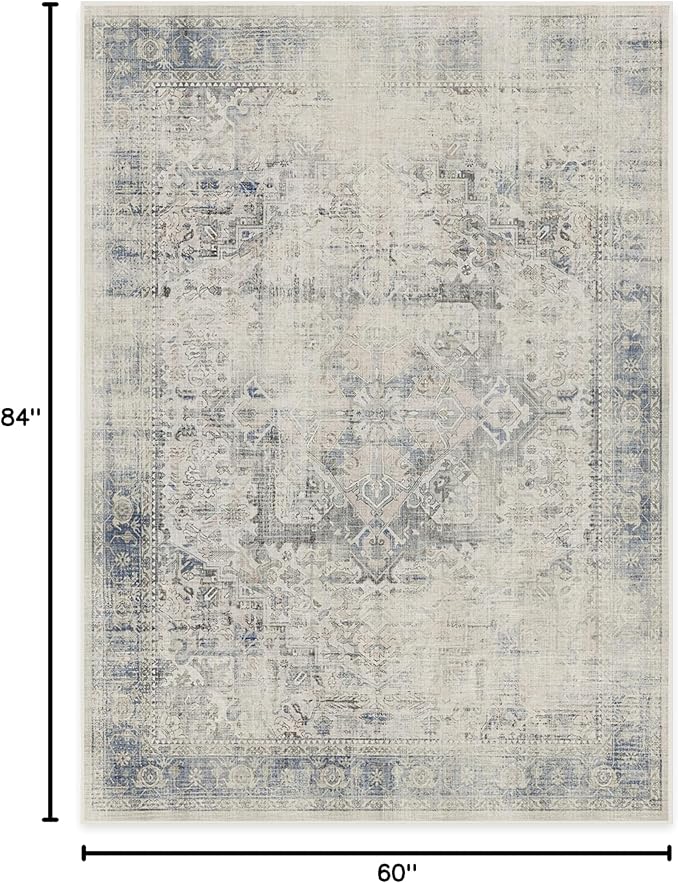 RUGGABLE Washable Vintage Area Rug – Kamran Blue Quartz 5x7, Stain-Resistant, Non-Slip – Medium Machine Washable Rugs for Living Room, Bedroom, Hallway, Entryway & Office–with Cushioned Pad