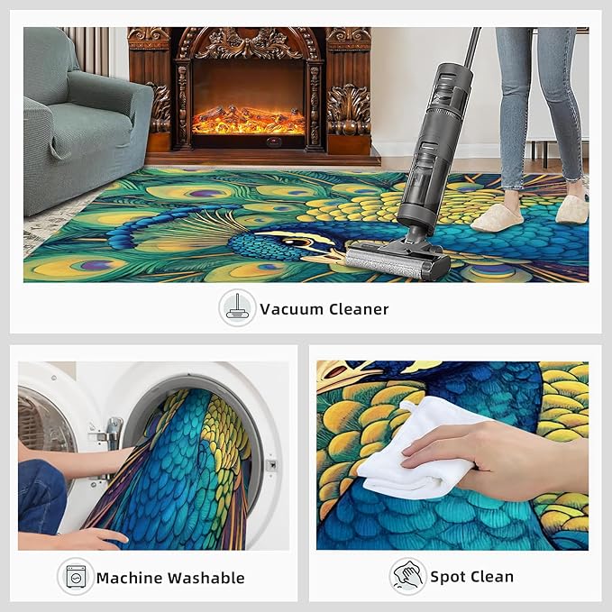 Peacock Rug 4x5-4x5 Rug, Wonderful Peacock Area Rugs for Bedroom, Teal Turquoise Rugs for Living Room, Modern Style Washable Mat, Malachite Green Feather Carpet - Peafowl Home Decor & Gifts