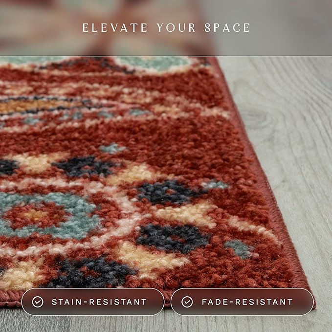 Maples Rugs Reggie Floral Runner Rug - Made in USA - Washable, Non Slip Indoor Carpet for Kitchen, Hallway, and Laundry Room, 2' x 10', Merlot