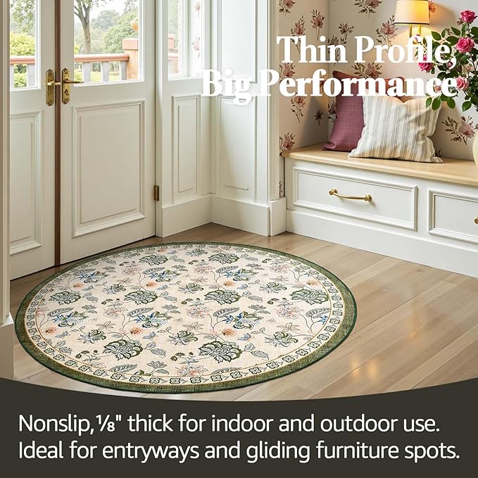 jinchan Elora 4ft Floral Round Rug for Entryway Washable Kitchen Rug Vintage Romance Design Non Slip Indoor Doormat Lightweight Low-Profile Throw Carpet for Living Room Dining Room, Green/Beige