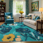 6x9 Camellia Floral Rugs, Modern Washable Flower Pattern Area Rug for Bedroom, Soft Large Non-Slip Kitchen Carpet Floor Door Mat for Living Room Dining Room Office - Teal