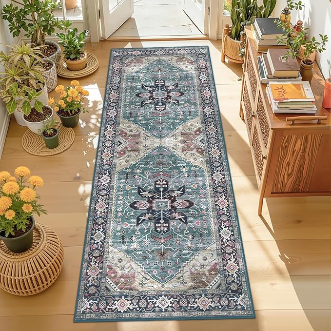 Enkor Runner Rugs for Hallway, 2x6 Washable Soft Boho Non Slip Floor Rugs for Kitchen, Modern Mat for Living Room Bedroom Entryway Purple & Green