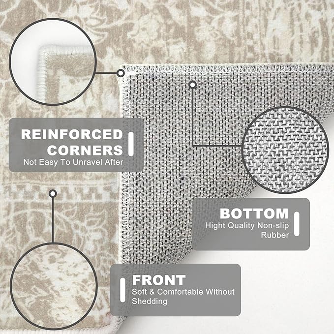 KILOCOCO Hallway Runner 2x8 Rug Runner Printed Vintage Floral Washable Kitchen Runners Non-Slip Rubber Backed Runners for Hallways Laundry Room Distressed Boho Rugs for Entryway Bedroom, Beige