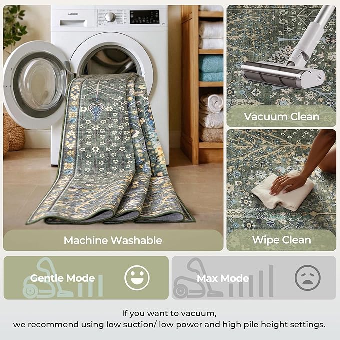 Kokia Boho Vintage Floral Area Rugs, Washable Oriental Botanical Rugs for Living Room, Bedroom, Dining Room, Office, Large Soft Indoor Area Rug, Sage Green，9x12