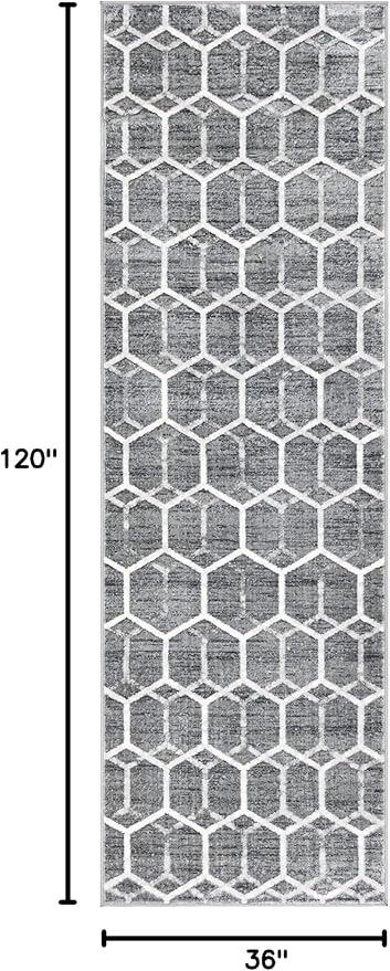 Rugs.com Lattice Trellis Collection Rug – 10 Ft Runner Gray Low-Pile Rug Perfect for Hallways, Entryways