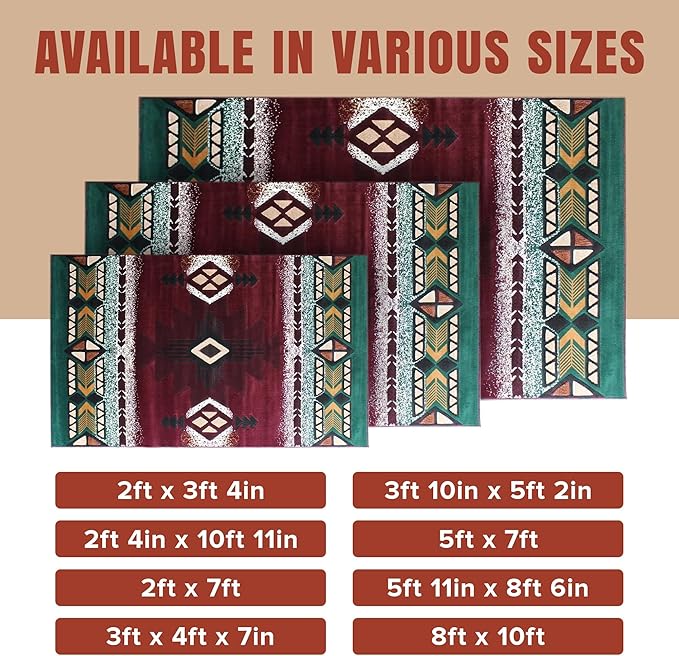 YHSF South West Native American Area Rug C318 - Easy Clean, Thick, Soft, Durable Native Tribal American Indian Inspired Rug for Bedroom/Living Room and More - Burgundy, 5 Feet x 7 Feet