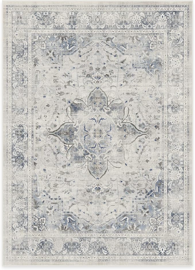 RUGGABLE Washable Vintage Area Rug – Sarrah Blue Quartz 5x7, Stain-Resistant, Non-Slip – Medium Machine Washable Rugs for Living Room, Bedroom, Hallway, Entryway & Office–with Standard Pad