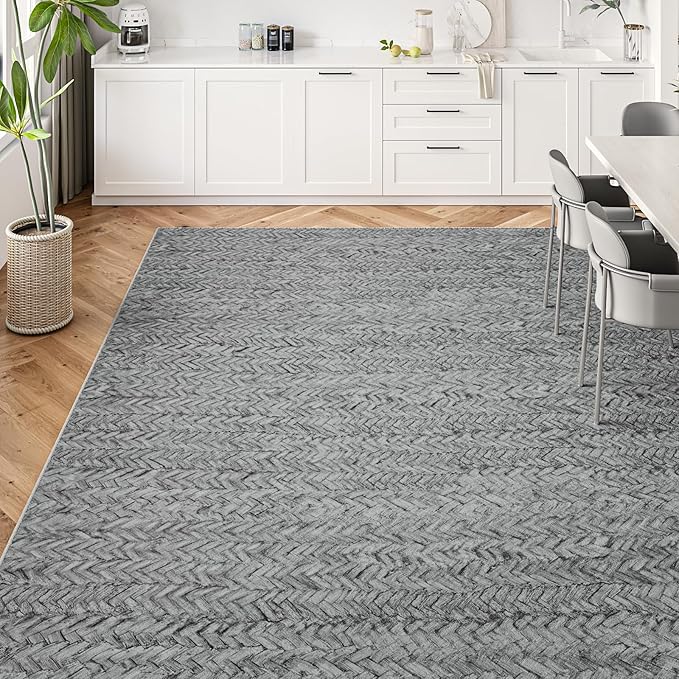 Eleisa Modern Vintage 6x9 Herringbone Chevron Area Rug for Living Room, Light Grey, Non-Slip Stain Resistant Washable Rug, Farmhouse Home Decor Carpet for Bedroom, Kitchen, Dining Room