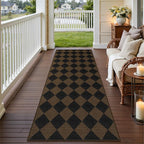 Easy Jute Checkered Runner Rug, 2.6x8 Coffee Modern Washable Rugs Runner for Hallway Non-Slip Kitchen Runner Rug, Geometric Diamond Indoor Outdoor Carpet for Porch Laundry Entryway