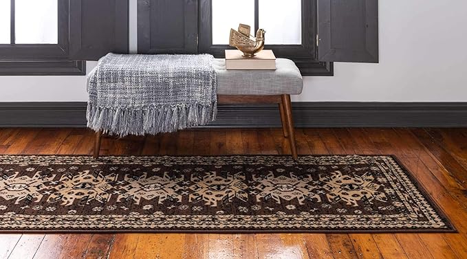 Unique Loom Taftan Collection Border Geometric Tribal Inspired Design Area Rug (3' 0 x 16' 5 Runner, Brown/ Tan)