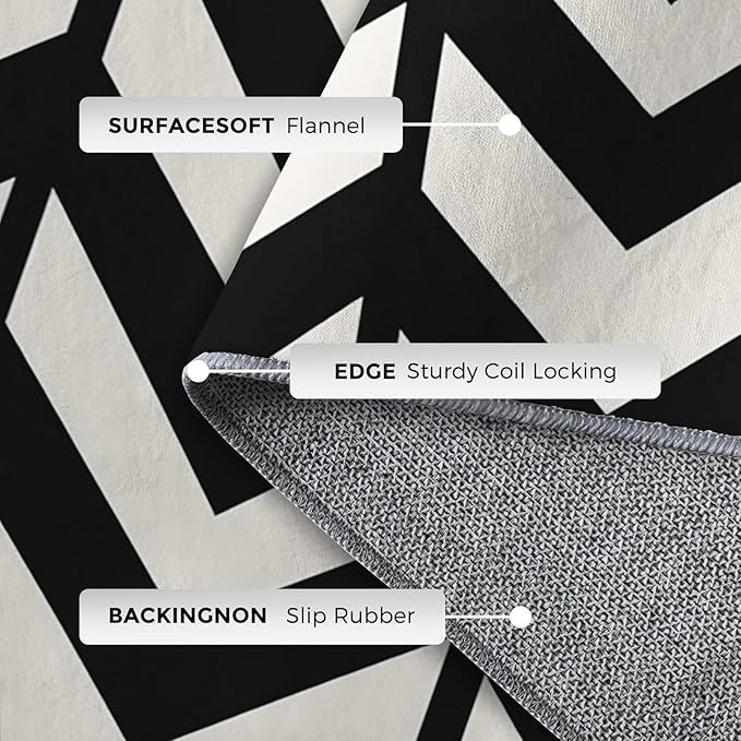 3x5 Black and White Chevron Rugs for Bedroom Decor, Washable Chevron Geometric Pattern Area Rug, Living Room Home Decoration, Non Slip Soft Thin, Modern Zigzag Decor Carpet PF-P 49