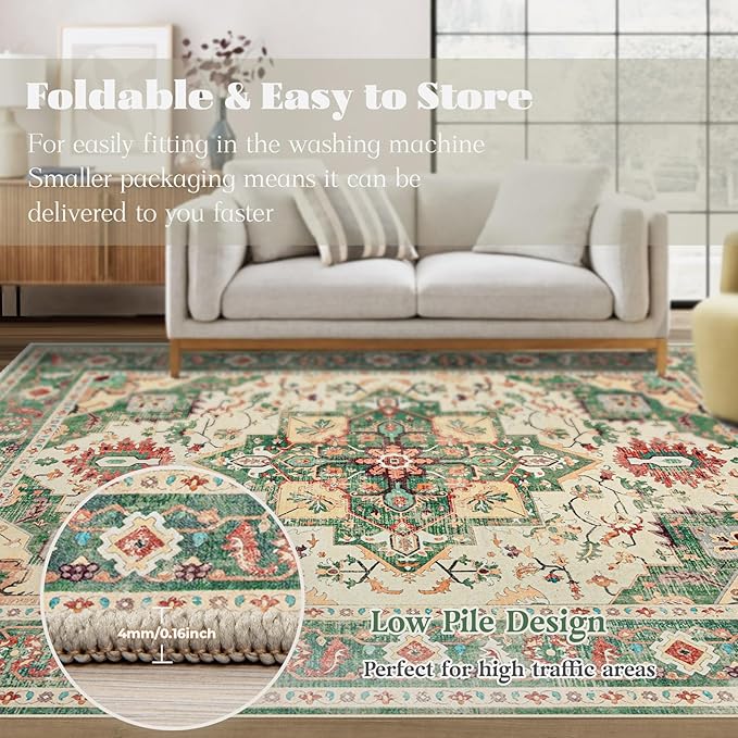 Area Rug 9x12 Washable Rug, Vintage Boho Medallion Rugs Non-Slip Soft Low Pile Large Distressed Rug Indoor Retro Carpet for Living Room Bedroom Dining Room Home Office (Green Beige, 9'x12')