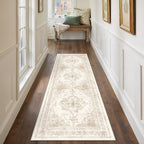 Runner Rug 3x8 Cream Hallway Washable Beige Carpet Non Slip Vintage Medallion Beige Carpet Low Pile Soft Distressed Retro Indoor Long Rug for Entryway Kitchen Bathroom Laundry Bedroom