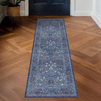 Non Slip 2x6 Dark Blue Kitchen Runner Rug - Long Runner Rugs 24 x 72 Washable Hallway Floor Mat, Bedroom Laundry Room Bathroom Runner - Dusky Navy Vintage Floral Design Décor